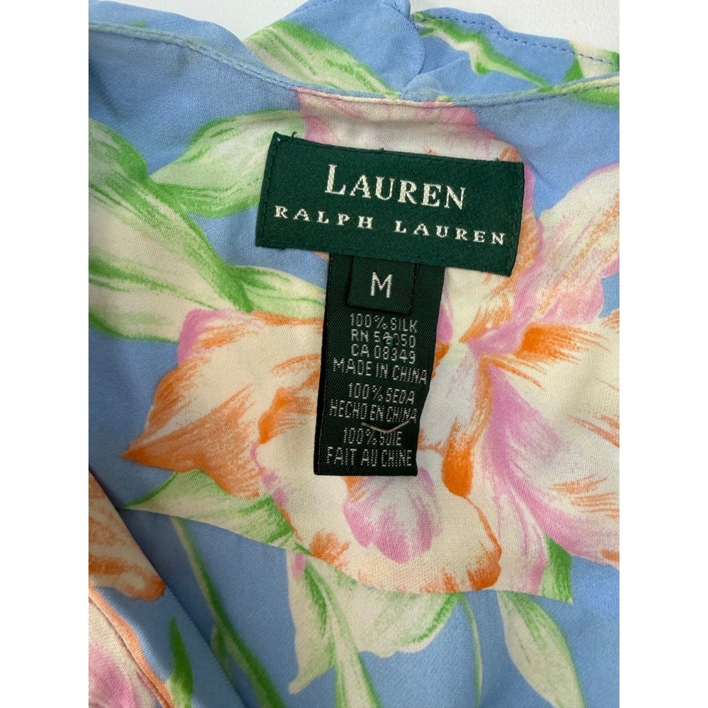 Lauren Ralph Lauren Blue Silk Floral Wrap Blouse Short Sleeve Ruffle Top Medium - Picture 2 of 7